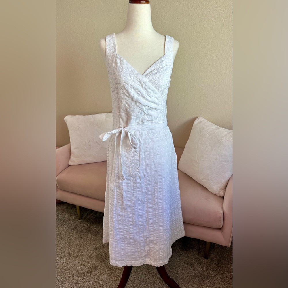Lands End Dress NWT White Seersucker Sleeveless Surplice Women’s 6 Tie Belt Prep